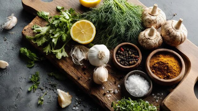 Fresh Culinary Herbs and Spices on Rustic Board