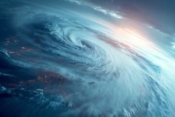 Fototapeta premium Summer Massive Typhoon Eye and Swirling Clouds Bringing Fear, Chaos, and Destruction Seen from Space 