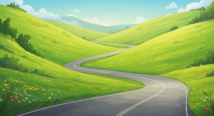 A winding asphalt road cutting through lush green hills under a bright blue sky cartoon style illustration