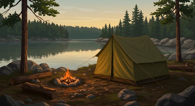 A tent and campfire by a lake surrounded by trees at dusk in a cartoon style illustration