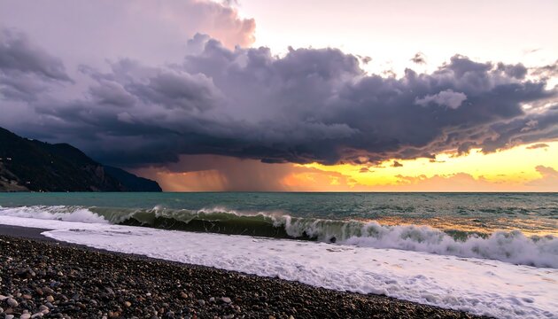 Dramatic sunset over stormy sea - Powered by Adobe
