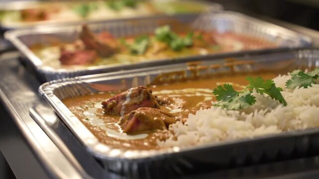 Indian Food Takeaway: Delicious Curries and Rice Ready-to-Eat in Foil Containers