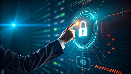 Businessman hand touching digital lock icon on futuristic touchscreen interface representing cybersecurity, data protection, and secure access concept


