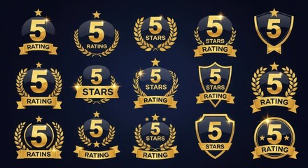 Collection of golden five star rating badges and emblems