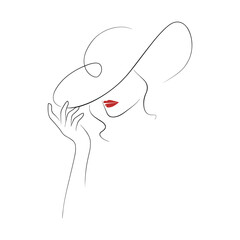 Minimal line art woman with wide‑brim hat and red lips in elegant profile