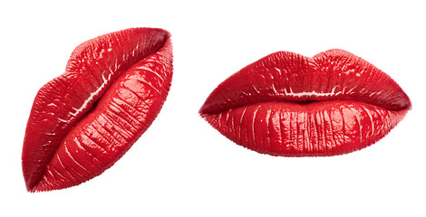 Two glossy red lips front and side view on transparent background