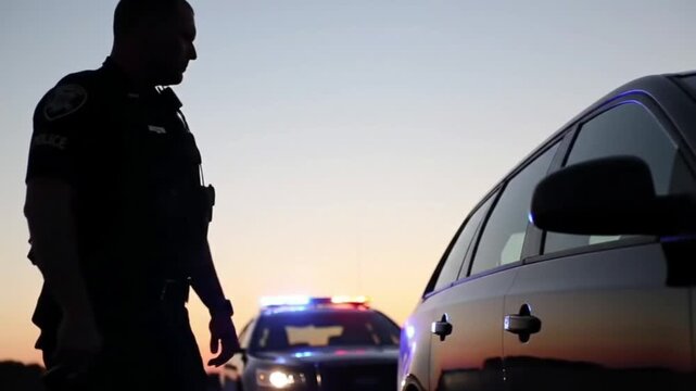 Police Officer Conducts a Traffic Stop at Sunset