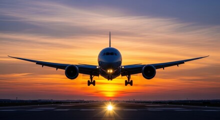 Airplane Approaching Runway During Stunning Sunset Sky