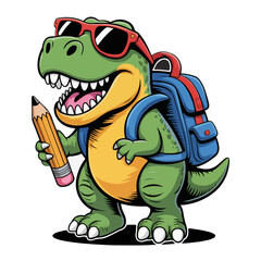 Obraz premium Cartoon Dinosaur Wearing Sunglasses And Backpack Holding Pencil t-rex tyrannosaurus rex
