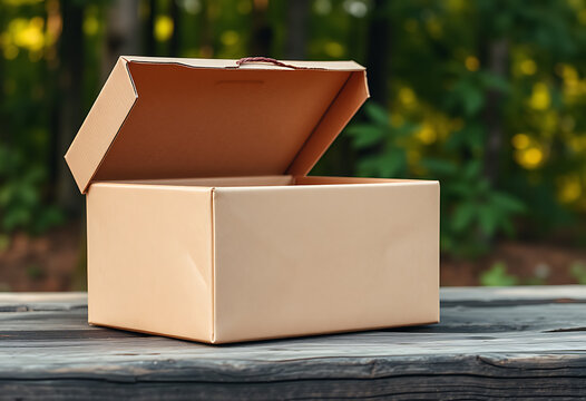 Open cardboard box sitting on a rustic wooden surface with a blurred green background - Powered by Adobe