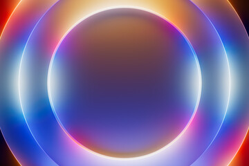 Abstract colorful background in blue and orange neon colors with iridescent gradients and glowing rings. Perfect for website design, advertising, app interfaces, ads, social media and presentations