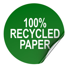 100 percent recycled, green sticker. 3D rendering
