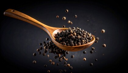 Black Peppercorns in Wooden Spoon.