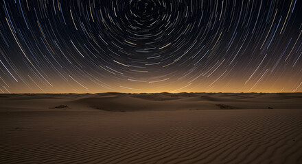 Star trails captured over vast desert dunes under a dark, luminous night sky, showcasing celestial movement and arid landscape.