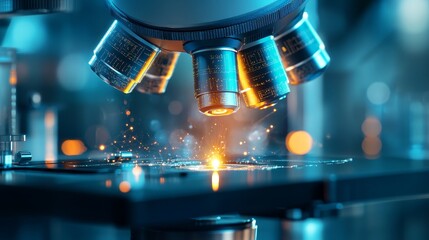 The future of lab technology is illuminated by a microscope linked to a blue digital network