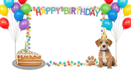 Cute puppy celebrating birthday with cake and balloons festive greeting frame design
