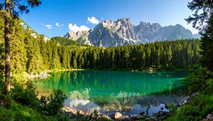 Alpine lake with mountain panorama.