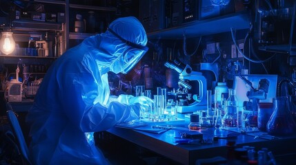 In a lab, a scientist clad in protective attire performs experiments, employing a microscope and test tubes to study samples under the glow of blue lights