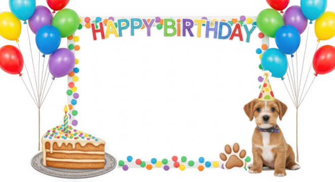 Cute puppy celebrating birthday with cake and balloons festive greeting frame design