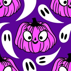 Autumn harvest vegetable seamless monster Halloween pumpkins pattern for wrapping paper and fabrics