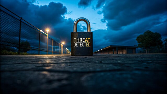 Cybersecurity concept with padlock and threat detected warning symbolizing data protection, network security, and online safety