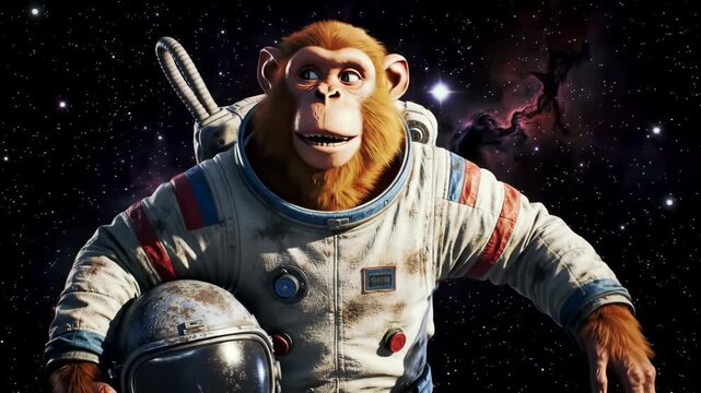 Brave chimp astronaut floats through the galaxy, pioneering primate in spacesuit with helmet, exploring cosmos in vintage gear