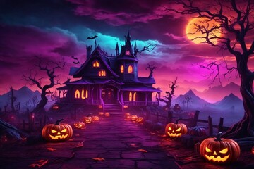 Neon Halloween Landscape Wallpaper, Glowing Halloween Night Wallpaper, Spooky Neon Halloween Background, Halloween Pumpkins Landscape, Haunted Forest, Colorful Halloween Landscape