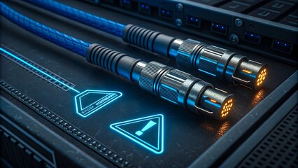 Futuristic neon fiber optic cables with glowing warning signs on high-tech server panel for data transmission and network security concept
