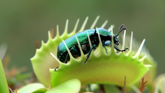 Close-up of a metallic green beetle on a Venus flytrap leaf
