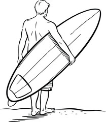 Minimalist Surfer Illustration with Longboard and Handwritten Beach Text &ndash; Light Blue Line Art