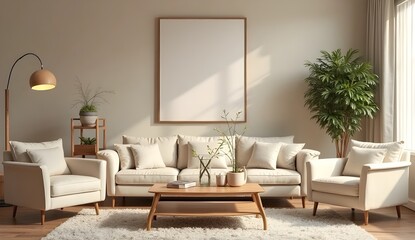 Naklejka premium Cozy neutral-toned living room with blank decor items and framed empty canvas – perfect for interior styling, home decor branding, and furniture presentation concepts