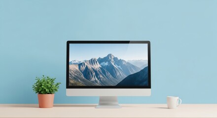 Fototapeta premium Modern Desktop Computer Setup with Mountain Landscape Wallpaper on Blue Wall