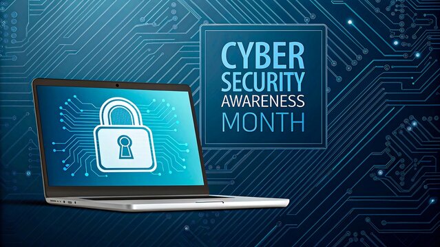 Cybersecurity Awareness Month graphic with secure laptop and digital padlock icon


