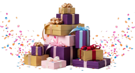 Festive Pile of Beautifully Wrapped Gift Boxes with Colorful Confetti Falling Around Them on a Black Background for Celebrations and Special Occasions