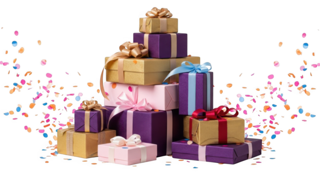 Festive Pile of Beautifully Wrapped Gift Boxes with Colorful Confetti Falling Around Them on a Black Background for Celebrations and Special Occasions