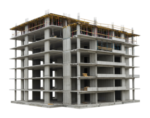 Construction progress of multi-story building urban setting architectural concrete structure wide angle. Cut out png