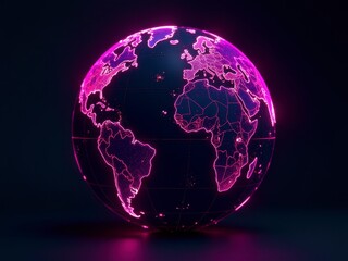A glowing digital globe with neon pink lines showing continents and network connections in a dark background.