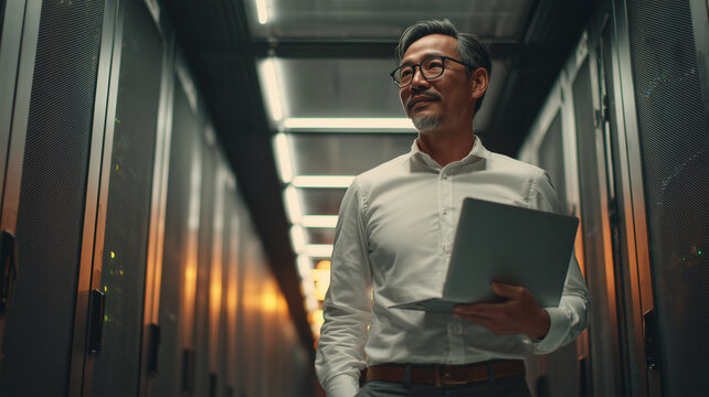 高齢男性がサーバールームを確認する姿