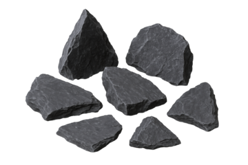 Collection of Jagged Dark Gray Slate Rocks with Textured Surfaces, Isolated on Black