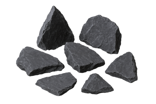 Collection of Jagged Dark Gray Slate Rocks with Textured Surfaces, Isolated on Black