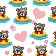 Vector seamless cartoon pattern. Teddy bear in
scuba diving mask with inflatable ring swims 
on white background. Fashion design for children t-shirt,
fabric, paper, textiles, clothing for boy, girl. 