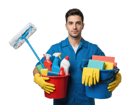 Cleaning tasks and supplies professional cleaner with tools in studio environment focused on hygiene and organization. Cut out png