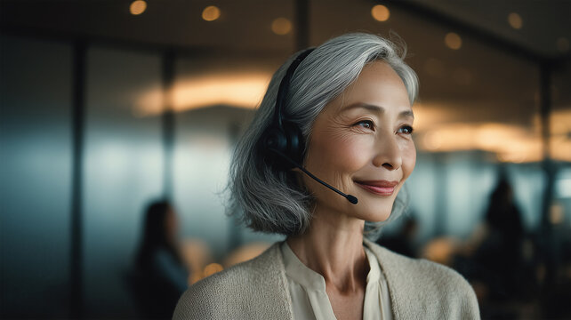 女性シニアが穏やかな微笑みで応対している