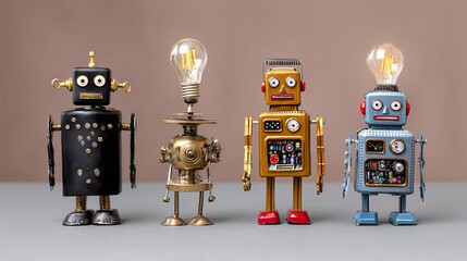 Four robots with light bulbs on their heads. The robots are all different colors and sizes. Scene is playful and whimsical