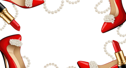 Chic red heels and lipstick adorned with pearls create an elegant fashion composition suitable for beauty and style related themes