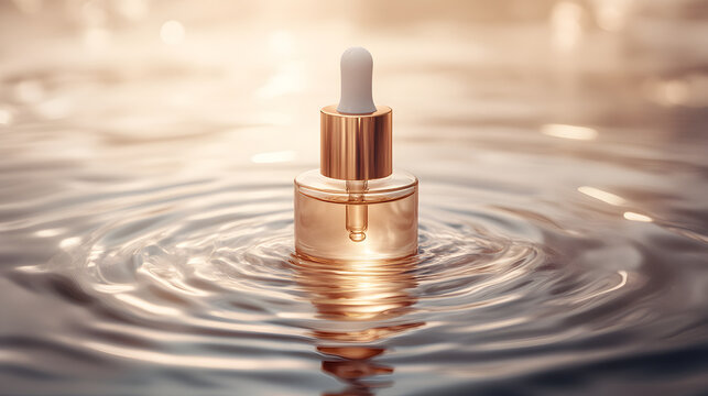 Frosted glass bottle with dropper floats serenely on rippling water, reflecting warm, golden light. scene evokes sense of tranquility and luxury, ideal for skincare or beauty products
