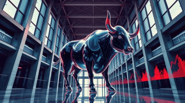 Bull statue inspiring confidence in financial market during trading hours in modern building - Powered by Adobe