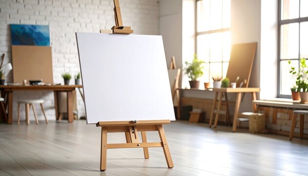 Blank canvas on easel with art studio.