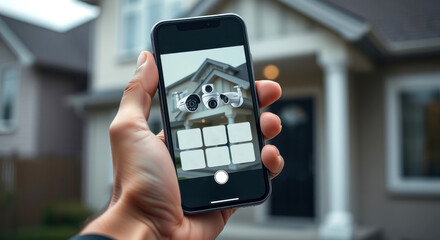 Person using smartphone to access home security features in front of a house