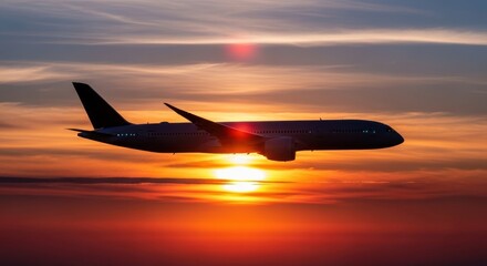 Airplane silhouette against a beautiful sunset sky during flight